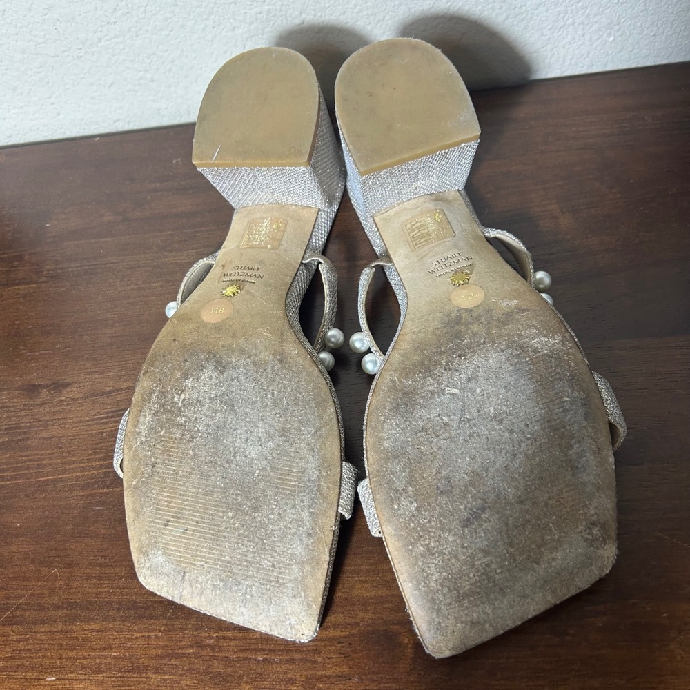 Stuart Weitzman Sandals Sz 11 Goldie 60 Pearl Glitter Block Slide Champagne Gold - Picture 11 of 11